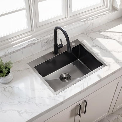 HOTIS 24 X 18 Inch Black Drop In Kitchen Sink, Black Stainless Steel Kitchen Sink, Large Residential Sink with 2 Holes, Single Bowl Topmount Workstation Sink with Dish Grid & Drain