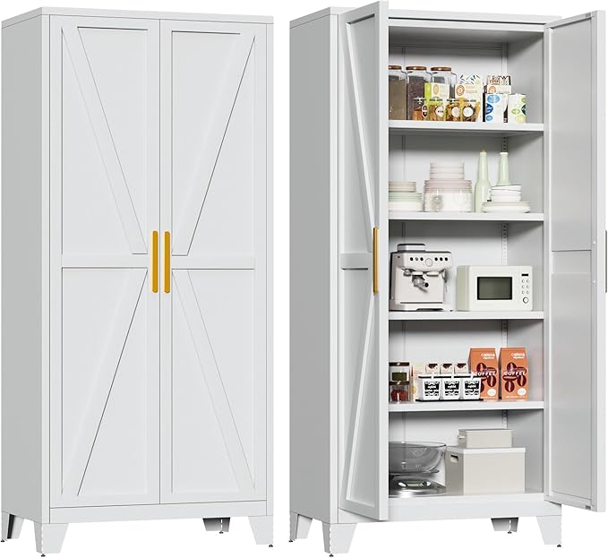 Bevivog 71" Kitchen Pantry Cabinet, Metal Storage Cabinet with 2 Doors and 4 Adjustable Shelves, Farmhouse Tall Metal Pantries Cabinets Storage for Kitchen, Home Office, Living Room, Laundry