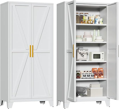Bevivog 71" Kitchen Pantry Cabinet, Metal Storage Cabinet with 2 Doors and 4 Adjustable Shelves, Farmhouse Tall Metal Pantries Cabinets Storage for Kitchen, Home Office, Living Room, Laundry