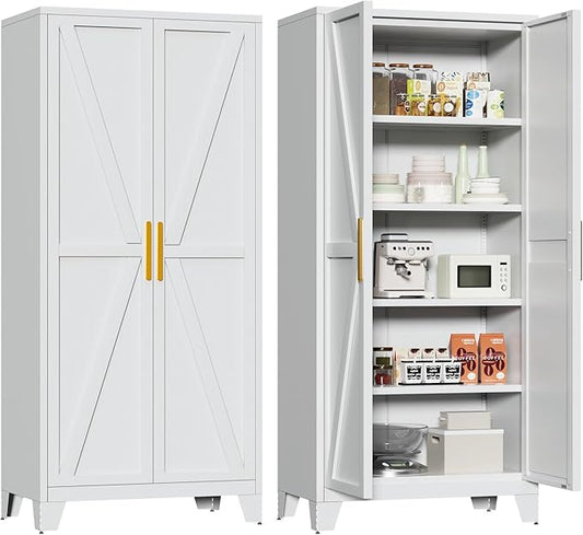 Bevivog 71" Kitchen Pantry Cabinet, Metal Storage Cabinet with 2 Doors and 4 Adjustable Shelves, Farmhouse Tall Metal Pantries Cabinets Storage for Kitchen, Home Office, Living Room, Laundry