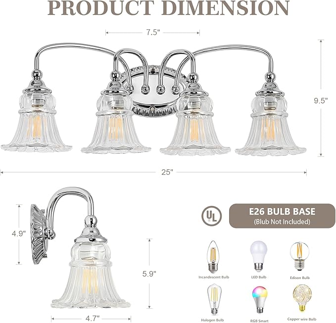 4-Light Bathroom Light Fixtures Vintage Chrome Vanity Lights Over Mirror with Floral Glass Shade for Bathroom Powder Room, Living Room Hallway