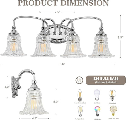4-Light Bathroom Light Fixtures Vintage Chrome Vanity Lights Over Mirror with Floral Glass Shade for Bathroom Powder Room, Living Room Hallway