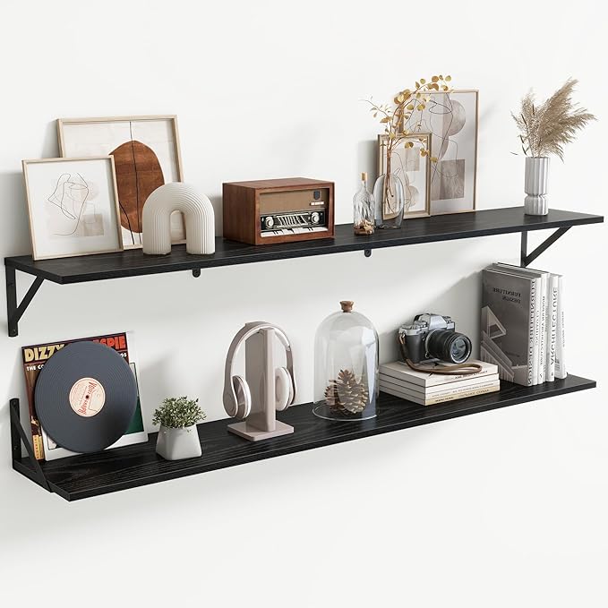 Acovy 55" Long Wall Mounted Floating Shelves,8 inch Deep Floating Shelf with Metal Brackets Set of 2,Easy-to-Install Wall Decor Storage Ledges for Living Room,Bathroom,Bedroom,Kitchen,Office,Black
