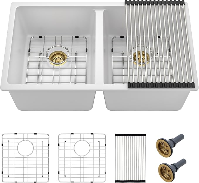 33 Granite Composite Kitchen Sink Double Bowl - Fulorni 33"x19" Granite Kitchen Sink White Undermount Double Bowl 50/50 Quartz Classic Composite Under Counter Basin