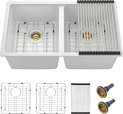 33 Granite Composite Kitchen Sink Double Bowl - Fulorni 33"x19" Granite Kitchen Sink White Undermount Double Bowl 50/50 Quartz Classic Composite Under Counter Basin