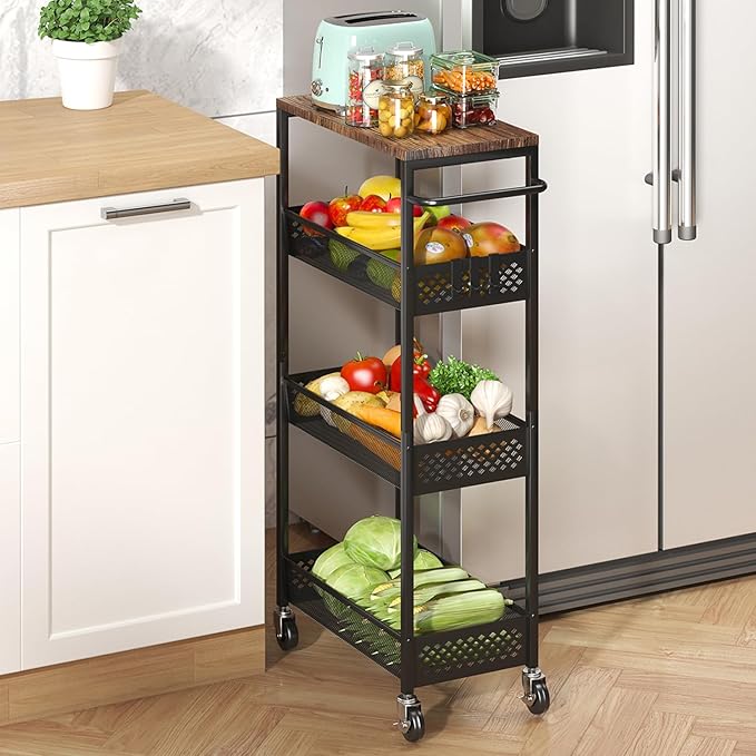 XYZLVSI Slim Storage Cart 4 Tier Fruit and Vegetable Baskets for Kitchen Small Space, Narrow Laundry Cart on Wheels with Wooden Top and Metal Handle for Pantry, Bathroom, Laundry Room