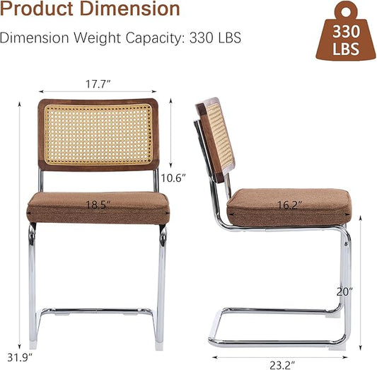 Rattan Back Linen Dining Chair Set of 2 Modern Stainless Chrome Base Armless Upholstered Side Chair for Dining Room, Kitchen Island,Coffee