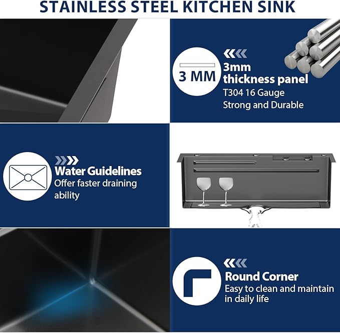 Lordear Waterfall Sink 33 Inch Gunmetal Black Drop In Kitchen Sink 16 Gauge 33x22 Workstation Stainless Steel Single Bowl 33x22x10 Inch With Pull Out Faucet Set, Integranted Control Temp & Functions