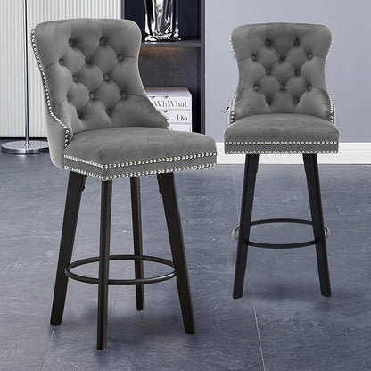 Swivel Bar Stools Velvet Bar stools Button Tufted Bar Stools Rivet Trim Bar Stools for Kitchen Island,Bistro, with Metal Pull Ring Sturdy Footrest Large Backrest for Home Bar,Dark Gray 2pcs