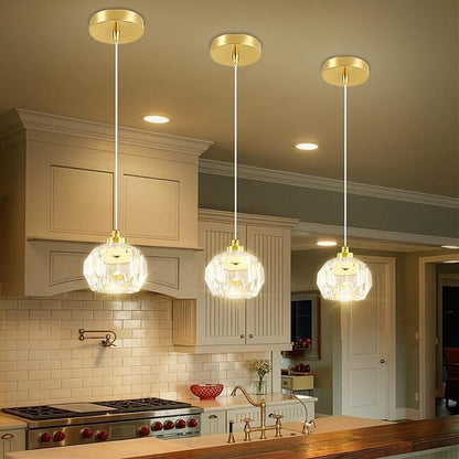 1-Light Gold Pendant Light Fixtures,Crystal Ball Chandelier for Entyway Bedroom Dimmable Pendant Light Kitchen Island 5W