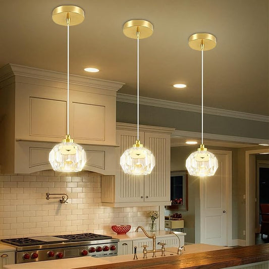 1-Light Gold Pendant Light Fixtures,Crystal Ball Chandelier for Entyway Bedroom Dimmable Pendant Light Kitchen Island 5W