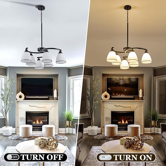 6-Light Modern Chandelier Light Fixture for Dinner Room, Matte Black Hanging Lamp with Frosted Milk White Glass Lampshade, Adjustable Height Pendant Ceiling Light for Island Entryway Office Bedroom