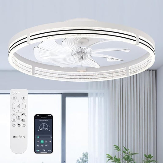 addlon Ceiling Fans with Lights and Remote, 24'' Low Profile Ceiling Fans, 3000-6000K Dimmable Modern Flush Mount LED Fan Light, Fandelier Ceiling Fan for Bedroom, Kitchen, Living Room, White