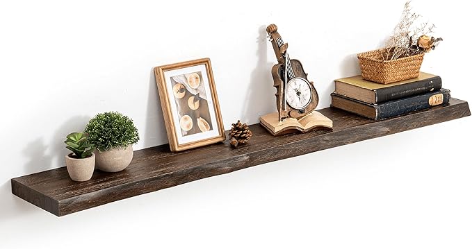 48 Inch Live Edge Floating Shelves, 8 Inch Deep Solid Elm Wood Wall Shelf, Heavy-Duty Wall Mounted Shelf with Invisible Brackets for Living Room, Bathroom, Kitchen, Set of 1, Walnut Color