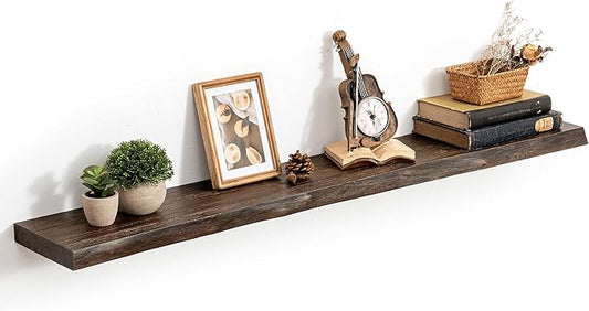 48 Inch Live Edge Floating Shelves, 8 Inch Deep Solid Elm Wood Wall Shelf, Heavy-Duty Wall Mounted Shelf with Invisible Brackets for Living Room, Bathroom, Kitchen, Set of 1, Walnut Color