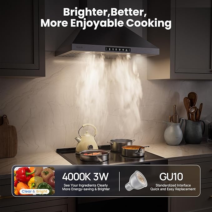 VIKIO HOME Wall Mount 30 Inch Range Hood 900 CFM, Ductless/Ducted Convertible Kitchen Hood, 3-speed Gesture Sensing & Touch Control, Stainless Steel Kitchen Vent Hood with Permanent Baffle Filters