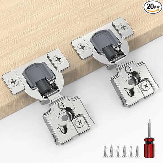 Furniware 20 Pack 10 Pairs 1/2 inch Overlay Soft Close Hinges for Face Frame Kitchen Cabinet Hinges Satin Nickel - 3 Way Adjustability Concealed Soft Close Hinges Damper Self Closing