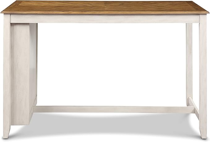 New Classic Furniture Amy Farmhouse Kitchen Counter Island Dining Table for 4 with Storage Shelf & USB Chargers, 60-Inch, Two Tone Vintage White/Brown