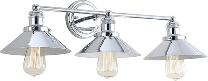 JONATHAN Y 26.5" Chrome 3-Light Industrial Farmhouse Metal Vanity Light Wall Sconce, Metal Shade for Bathroom Mirror, Kitchen, Entryway, LED Bulb Included (JYL7425A)