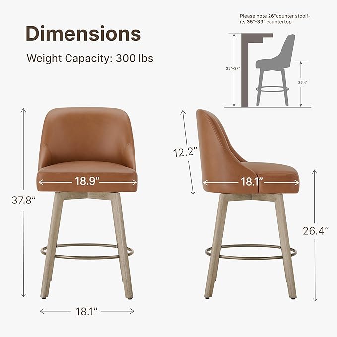 Counter Height Bar Stools Set of 2, Modern Swivel Barstools with Back and Wood Legs, Faux Leather Upholstered Bar Chairs, 26" Seat Height Counter Stools for Kitchen Island,Brown