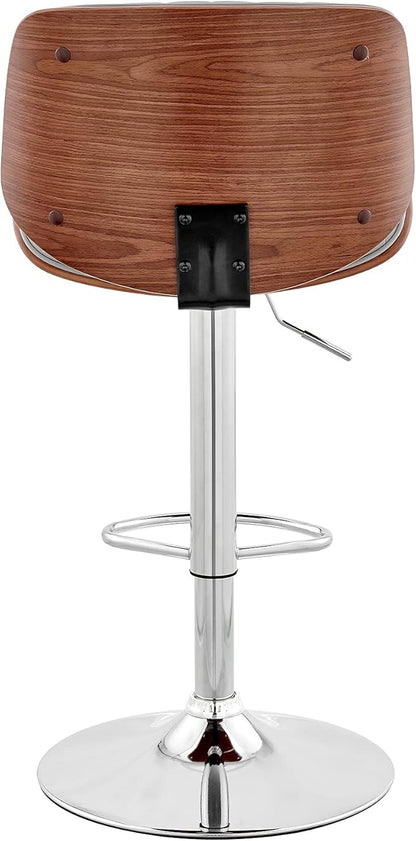 Armen Living Brock Modern Adjustable Height Swivel Gray Faux Leather and Walnut Wood Bar Stool with Chrome Base for Kitchen Island Counter