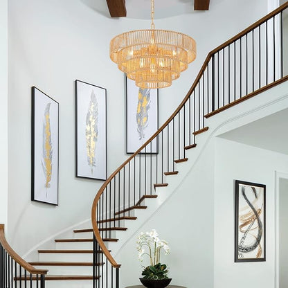 6-Lights Hand-Woven Rattan Pendant Light 4 Round Transitional Minimalist Boho Large Pendant Light for Kitchen Island Dining Room Living Room Hallway, Dia 20 Inch, UL Listed