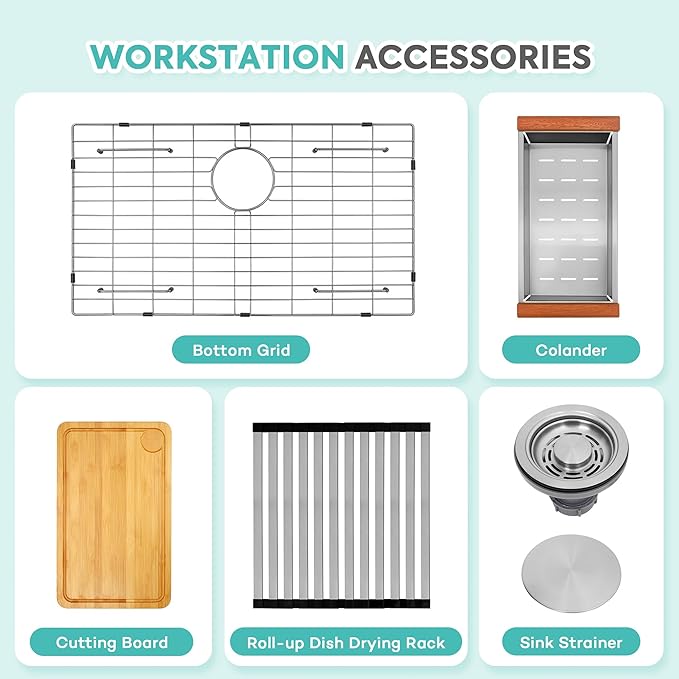 Rhbamoa Drop In Kitchen Sink 31 Inch,16 Gauge T304 Stainless Steel Drop In Kitchen Sinks,Single Bowl Workstation Sink,10 Inch Deep Topmount Sinks with All Accessories