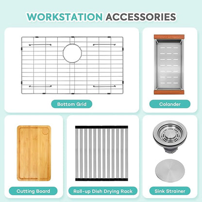 Rhbamoa Drop In Kitchen Sink 31 Inch,16 Gauge T304 Stainless Steel Drop In Kitchen Sinks,Single Bowl Workstation Sink,10 Inch Deep Topmount Sinks with All Accessories