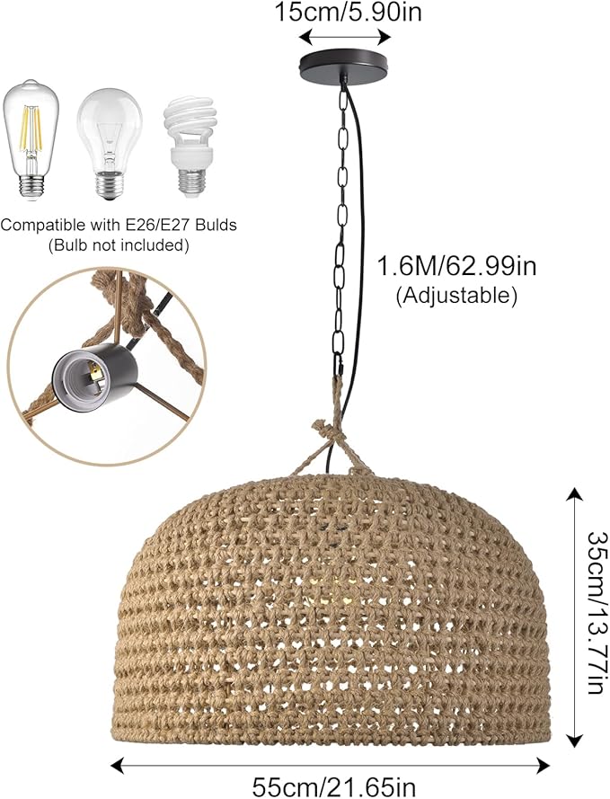 Arturesthome Rustic Woven Dome Pendant Light, Hemp Rope Basket Lampshade Coastal Hanging Lighting Fixture, Adjustable Vintage Farmhouse Chandelierfor Kitchen Island Dining Table Room W 21.6"*H 13.7"