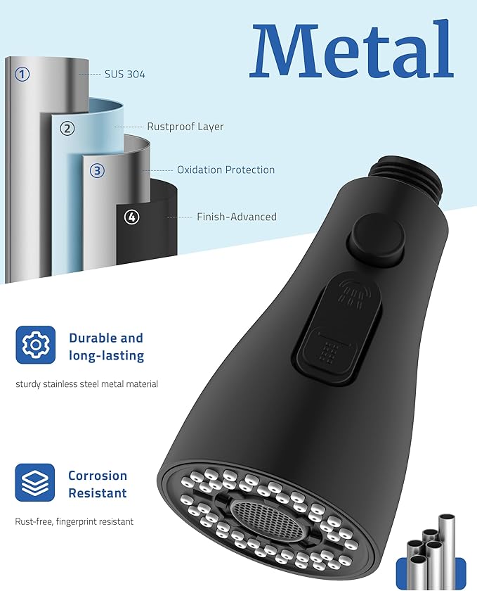 Metal Kitchen Faucet Head Replacement - with 15 Adapters, Pull Down Spray Head for Kitchen Faucet, 3 Function Sprayer Nozzle Stainless Steel, Matte Black