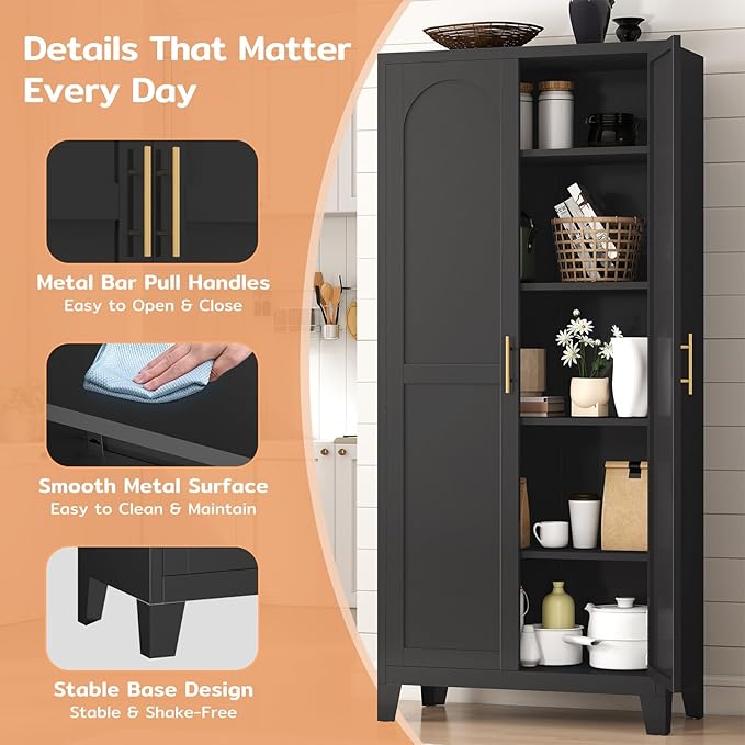 Zevemomo 70.87" H Metal Kitchen Pantry Cabinet, Freestanding Cupboard with 2 Doors and 4 Adjustable Shelves, Tall Metal Storage Cabinet for Kitchen, Bathroom, Dinning Room or Laundry Room （Black）