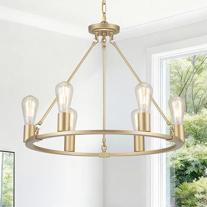 6-Lights Gold Chandelier | Dia 24'' Farmhouse Wagon Wheel Chandelier | Rustic Hanging Dining Room Light Fixture | Apply to Living Room | Kitchen Island | Entryway | Foyer