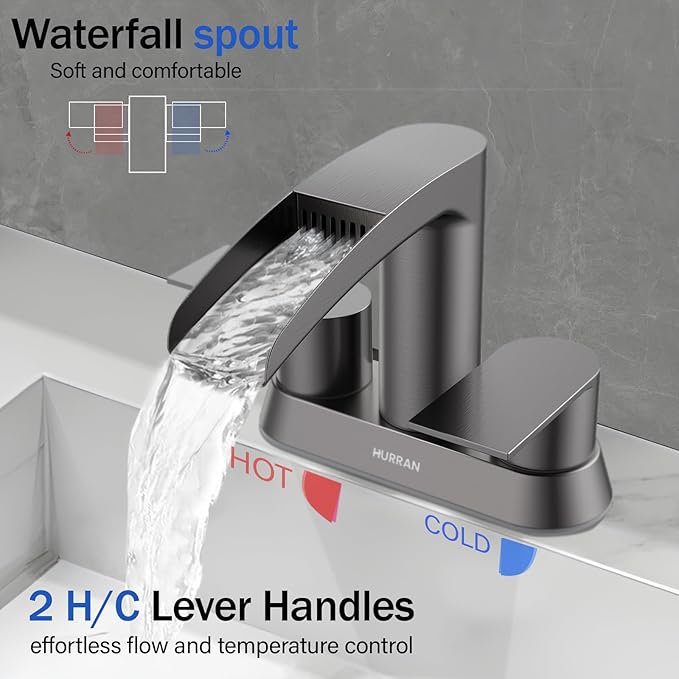 Bathroom Sink Faucet for 3 Hole, Hurran 4 Inch Bathroom Faucets with Pop-up Drain, Stainless Steel 2-Handle Waterfall Faucet for Bathroom Sink, Brushed Grey
