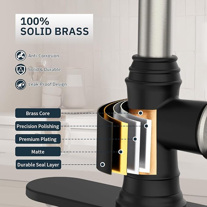 BWE Kitchen Faucet with Pull Down Sprayer, 3 Function High Arc Farmhouse Commercial Bar Sink Faucet, Black and Brushed Nickel Kitchen Sink Faucets