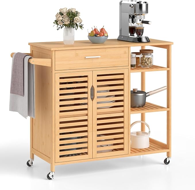Giantex Bamboo Kitchen Island Cart, Mobile Serving Cart with Drawer, 2-Door Storage Cabinet, 3-Tier Shelves & Towel Rack, Rolling Utility Trolley for Dining Room (Natural)