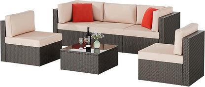 Shintenchi 6 Pieces Patio Furniture Sets Outdoor All-Weather Sectional Patio Sofa Set PE Rattan Manual Weaving Wicker Patio Conversation Set with Glass Table&Ottoman Cushion and Red Pillows, Beige