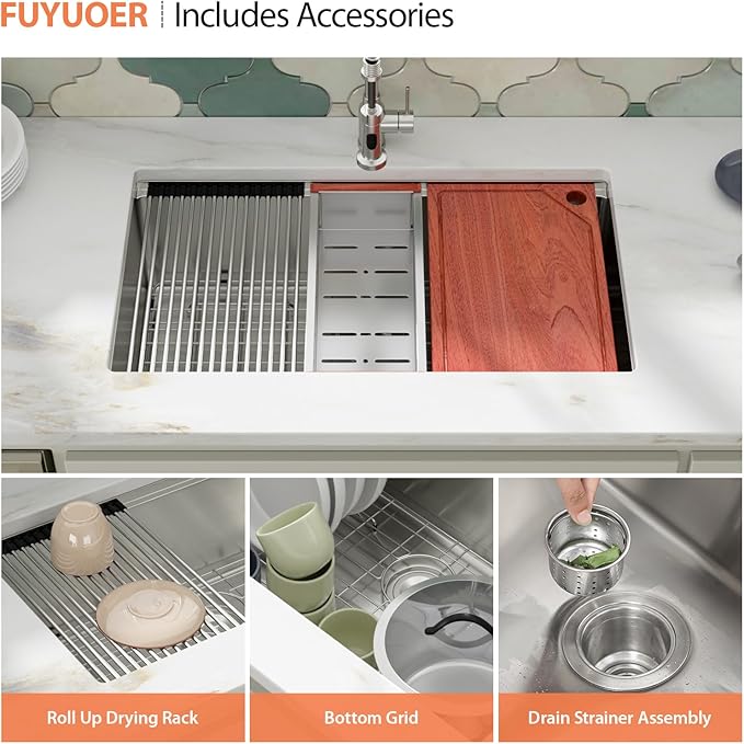 33 Undermount Sink Stainless Steel- Fuyuoer 33 Inch Workstation Kitchen Sink 16 Gauge Stainless Steel Single Bowl Round Corner Handmade Deep Basin Kitchen Sinks, 33x19x10 Inch
