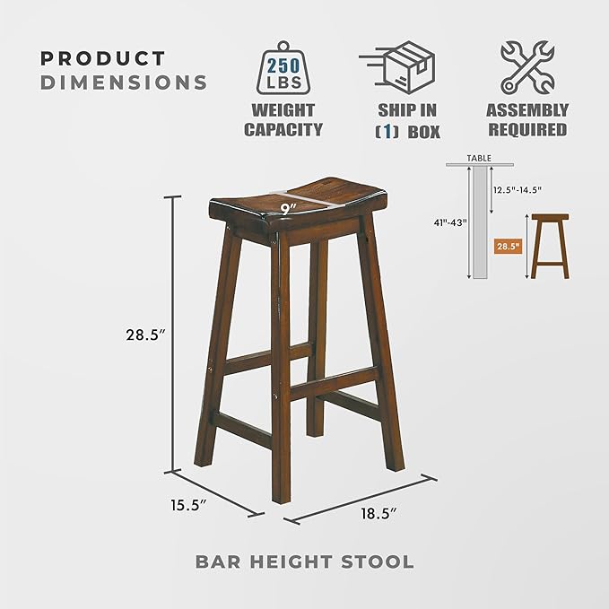 Lexicon Finnian Saddle Solid Wood Bar Height Bar Stool Set of 2 - Saddle Kitchen Stool Dining Height Stools for Dining, Armless Counter Chair Seating, Perfect Casual - 28.5" SH Distressed Cherry