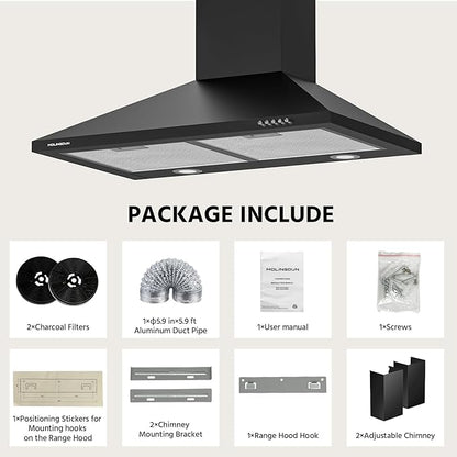 Range Hood 30 inch, 450 CFM Wall Mount Kitchen Hood in Cold Steel with Black Powder Coating Finish, LED Lighting, 3 Speed Exhaust Fan, Ducted/Ductless Convertible (Charcoal Filters Included)