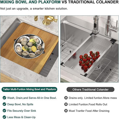 36x22 Inch Drop In Kitchen Sink - Workstation 16 Gauge 304 Stainless Steel Single Bowl Large Three-Holes Sink with Cup Washer, Mixing Bowl, Cutting Board, and Pasta Strainer #TLT-0045