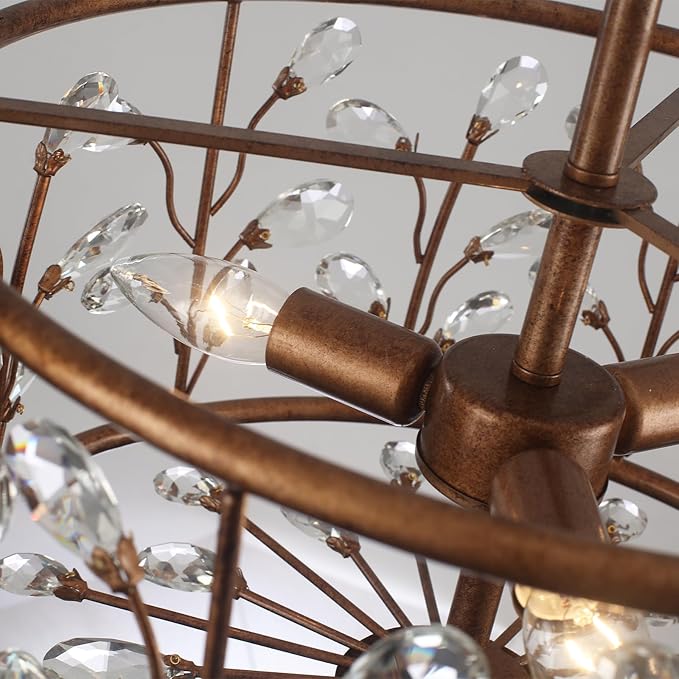 Vintage Crystal Round Chandelier, 15.7" Drum Chandeliers for Dining Room, 3-Lights Kitchen Chandelier Over Table, Hanging Pendant Light Fixture for Entryway Living Room
