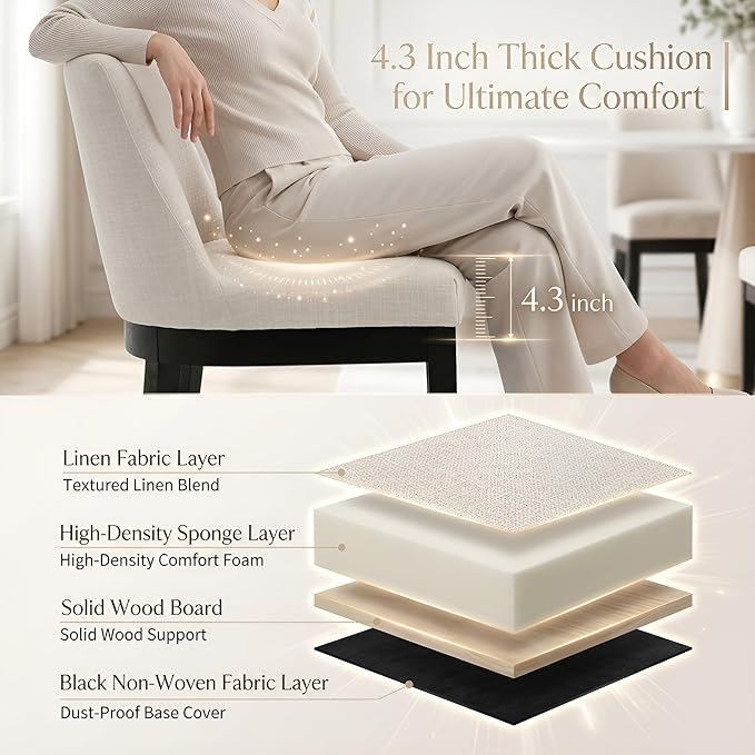HNY Modern Dining Chairs Set of 4 with Comfortable Back Support, Farmhouse Soft Linen Upholstered Dining Room Chairs with Black Solid Wood Legs, Armless Kitchen Side Chairs for Living Room, Beige