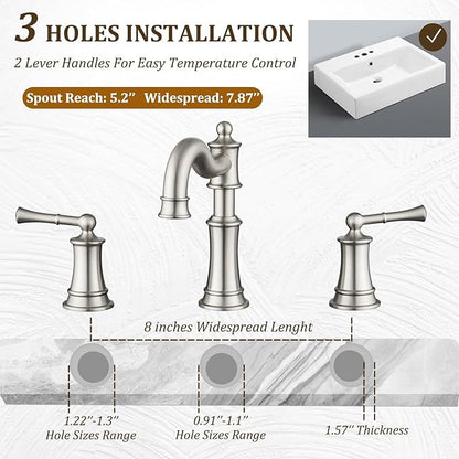 Roman Bathroom-Sink-Faucet 3 Holes, Rotated Spout Vanity Basin Faucets 2 Handles 8 inches Widespread Deck Mount Brass Faucet for Sink with Overflow Pop Up Drain Brushed Nickel NL2204-BN