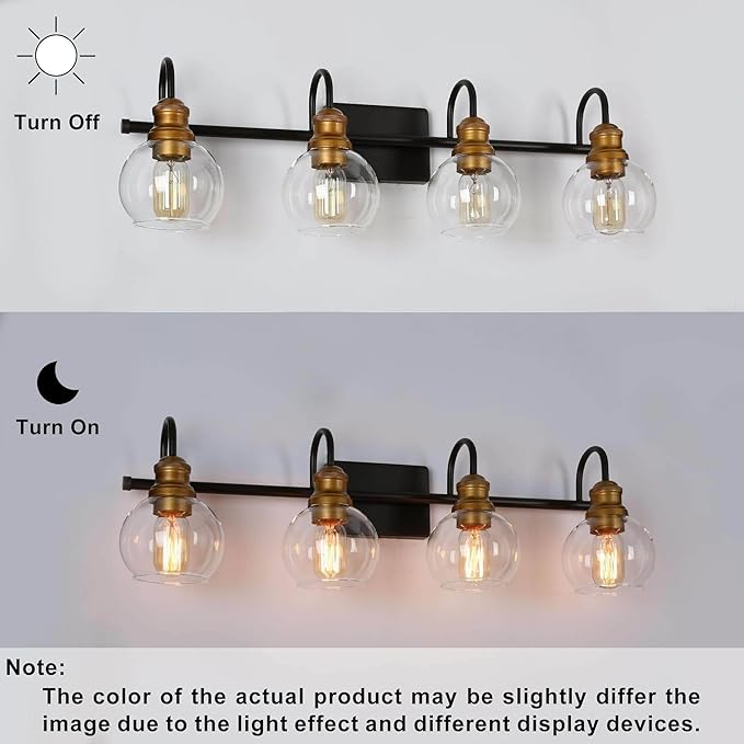 LALUZ Bathroom Light Fixtures, 4-Light Black and Gold Vanity Lights for Bathroom with Clear Globe Glass Shade, Modern Farmhouse Bathroom Vanity Lighting Over Mirror, 29.5" L x 7" W x 9" H