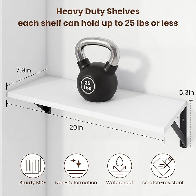 Axeman 20 Inch Floating Shelves | 8 Inch Deep White Wall Shelves Set of 2 | 20''W x 8''D White Wood Shelves for Bathroom Living Room Bedroom Kitchen