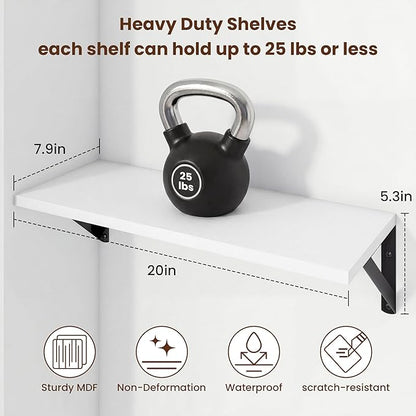 Axeman 20 Inch Floating Shelves | 8 Inch Deep White Wall Shelves Set of 2 | 20''W x 8''D White Wood Shelves for Bathroom Living Room Bedroom Kitchen