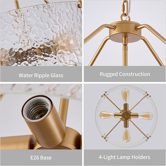 Glass Drum Gold Chandelier for Dining Room 18'' Entryway Light Fixture 4-Light Kitchen Chandeliers Over Table Bedroom Light Fixture for Living Room Hallway Foyer Kitchen