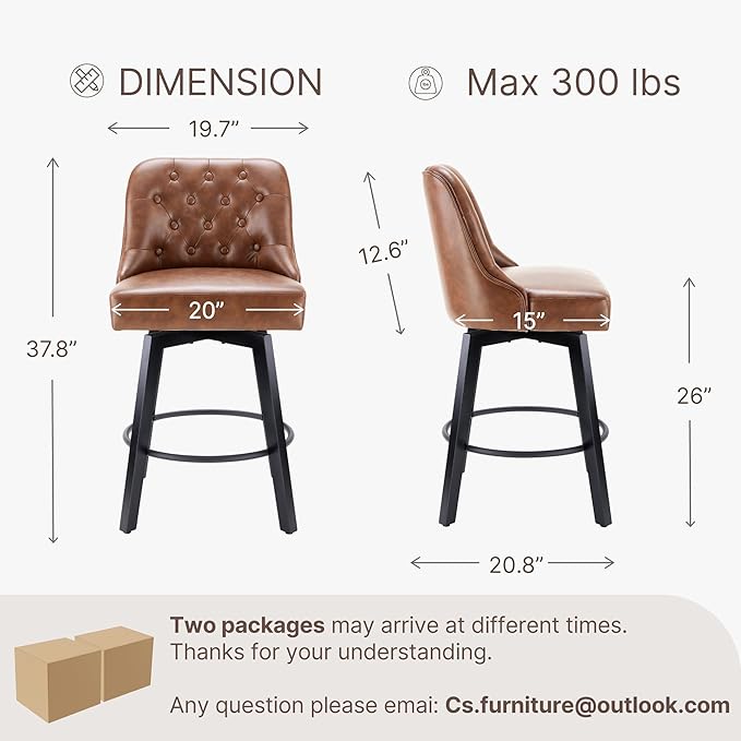 KISLOT Swivel Counter Height Bar Stools Set of 4, 26" Upholstered Faux Leather Barstools with Back,Thick Seat and Square Solid Wood Legs for Kitchen Island Home Bar, Brown