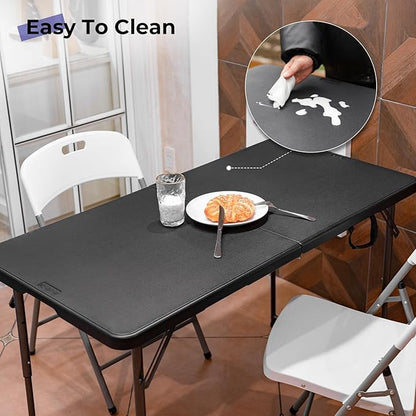 Byliable Folding Table 4 Foot Portable Heavy Duty Plastic Fold-in-Half Utility Table Small Indoor Outdoor Adjustable Height Folding with Carrying Handle, Camping and Party, Black