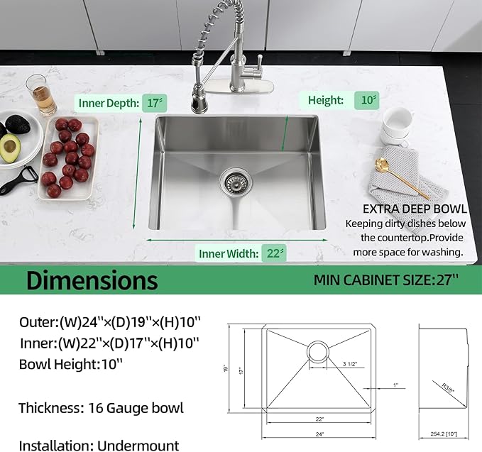 Undermount Kitchen Sink, 24 x 19 x 10 Inch 16 Gauge Single Bowl Kitchen Sink T-304 Stainless Steel Laundry Sinks